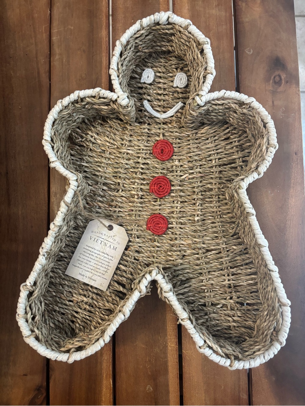 Handcrafted Gingerbread Man Basket - Natural with Red Accents, NWT
